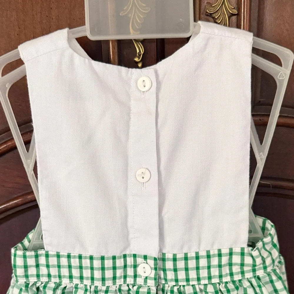 The Smocking Place Tractor Bubble Romper 6M Green Gingham Boys 100% Cotton